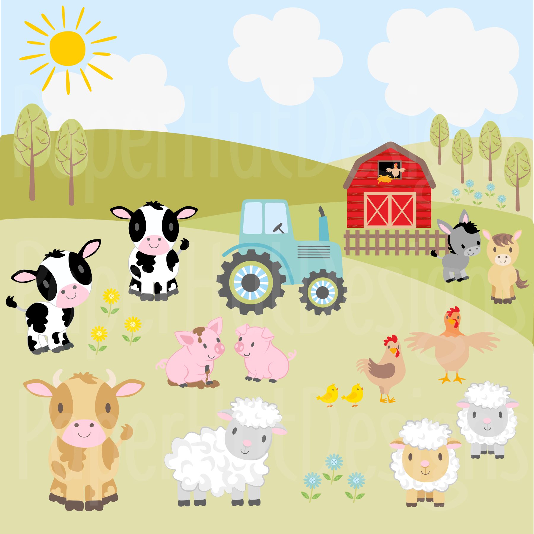 farm animals clipart and digital papers