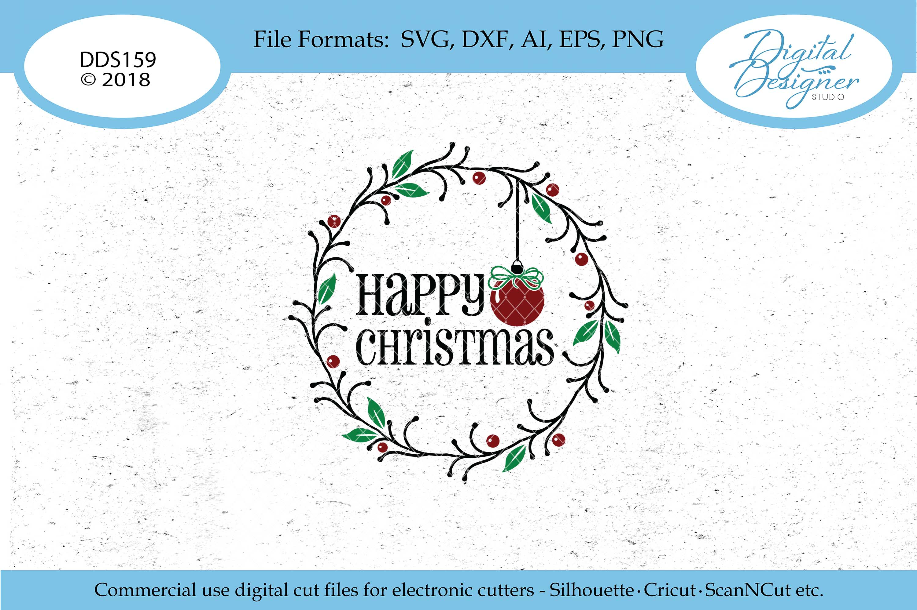 Happy Christmas Wreath With Bauble SVG DXF PNG Cut File