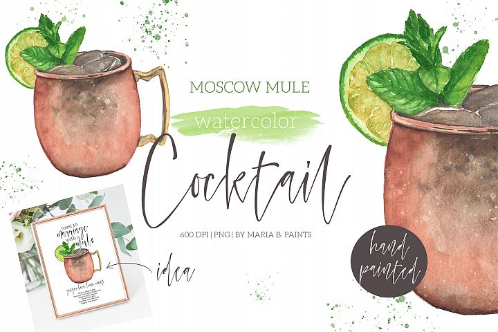 Moscow Mule Cocktail Watercolor Clipart Illustration