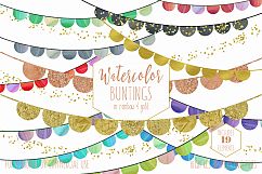 RAINBOW BUNTING BANNER Clipart Watercolor Buntings &amp; Metallic Gold Glitter Confetti Fun Cute Birthday Party Graphics Product Image 1