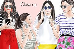 Girls with phones watercolour fashion illustration clipart Product Image 2