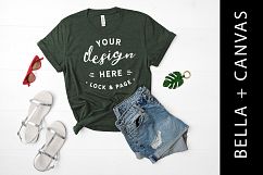Heather Forest T-Shirt Mockup Bella Canvas 3001 Flat Lay Product Image 1