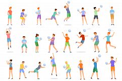 Kids playing volleyball icons set, cartoon style Product Image 1