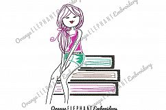 Read A Book Girl Hand Drawn Unique Urban Machine Embroidery Design digital File  Product Image 1