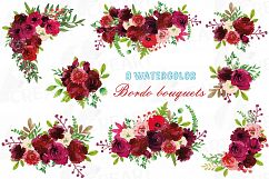 Boho Burgundy Red Watercolor clip art, floral bouquets png Product Image 1