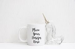 White coffee 11oz mug mock up unicorn decor rustic background PSD Product Image 1