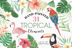 Watercolor Tropical Clipart Elements Flowers Floral Hibiscus Flamingo Set Product Image 1