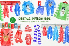 Hand Painted Watercolor Christmas Jumpers on Hooks Clipart Product Image 1