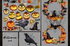 Spooky Halloween clipart with pumpkins, skull and ravens Product Image 2