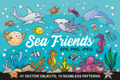 Sea Friends. Vector doodles and seamless patterns. Product Image 1