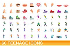 60 teenage icons set, cartoon style Product Image 1