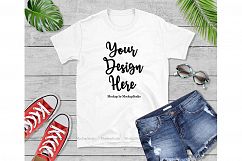 White Tshirt Mockup, Gildan 64000 Shirt Flat Lay Display Product Image 1