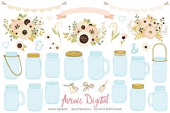 Ivory and Gold Mason Jar Floral Wedding Clipart Product Image 1