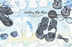 Watercolor wedding sandals clipart, white flip flops, black flip flops illustration  Product Image 1