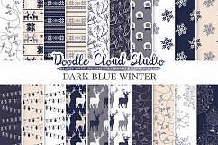 Dark Navy Blue Cream Gray Winter digital paper, Christmas Holiday patterns, Stars Snow deers X-mas backgrounds, Personal &amp; Commercial Use Product Image 1