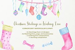 Hand painted watercolor Christmas Stockings on washing Line Product Image 2