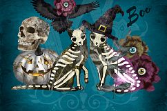 Halloween spooky clipart with skeleton cats, witch skull Product Image 3