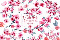 WATERCOLOR CHERRY BLOSSOMS Clipart Commercial Use Wedding Floral Wreaths Petals &amp; Branches Spring Flower Bouquets Sakura Graphics Product Image 1