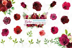 Watercolor Red and Burgundy Roses and leafs clip art pack Product Image 1