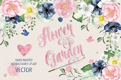 Vector Watercolor Navy blue and Pink Flower Garden clipart Product Image 1