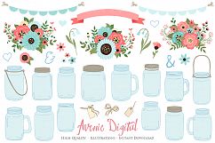 Coral and Turquoise Mason Jar Wedding Clipart Product Image 1