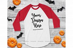 Fall Halloween Raglan Jersey Tshirt Red and White Mock Up Product Image 1