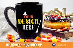 Halloween Mock up, Black mug with donut - JPEG &amp; PSD formats Product Image 1