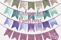 WATERCOLOR BUNTING BANNERS Clipart Watercolour Flags Greenery &amp; Rose Pink Confetti Wedding Party Invitation Graphics Product Image 3