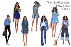 Watercolor fashion illustration clipart - Girls in Denim - Dark skin Product Image 2