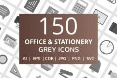 150 Office &amp; Stationery Flat Greyscale Icons Product Image 1