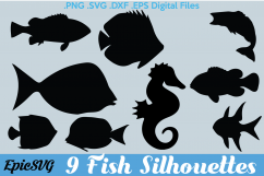 9 Fish | .SVG .DXF | clipart Vector Graphic Fish Seahorse Sea Life Silhouette Cameo Cricut Digital Download Product Image 1