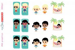 Summertime beach vacations clipart, cute kawaii girl and boy going beach and pool, clip art set for planner stickers, cards, tshirts, mugs.  Product Image 2