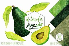 WATERCOLOR AVOCADO Clipart Avacado Vegetable Fruit Menu Clipart Healthy Foods Watercolor Digital Background Papers Product Image 1