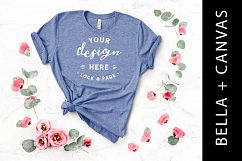 Heather Blue Bella Canvas 3001 T-Shirt Mockup Floral Flatlay Product Image 1