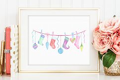 Hand painted watercolor Christmas Stockings on washing Line Product Image 8