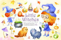 Little witches. Halloween watercolor clip arts and seamless Product Image 1