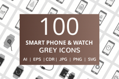 100 Smartphone &amp; Smartwatch Flat Greyscale Icons Product Image 1