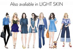 Watercolor fashion illustration clipart - Girls in Denim - Dark skin Product Image 4