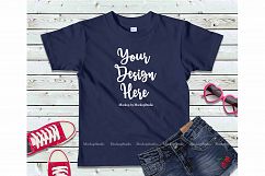 Kids Navy Tshirt Mock Up Girls Teen Flat Lay Tee Display Product Image 1