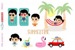 Summertime beach vacations clipart, cute kawaii girl and boy going beach and pool, clip art set for planner stickers, cards, tshirts, mugs.  Product Image 1