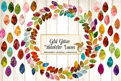 Gold Glitter Watercolor Leaves Clipart Product Image 2