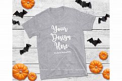 Halloween Fall Heather Gray Gildan Tshirt Mock Up Flat Lay Product Image 1