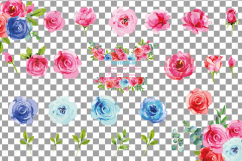 Watercolor Pink and Blue Roses and leafs clip art pack, png Product Image 2