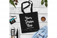 Black Tote Bag Mock Up Canvas Fall Tote Flat Lay Display Product Image 1