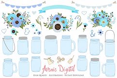 Blue and Gray Floral Mason Jar Wedding Clipart Product Image 1