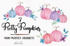 Watercolor Pretty Pumpkin Clipart Bouquets Harvest Autumn Fall Pink Purple  Product Image 1