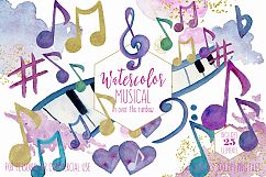 WATERCOLOR MUSIC Clipart Rainbow Music Notes &amp; Metallic Gold Treble Clef Piano Keys Fun Watercolour Paint Splash Graphics Product Image 1