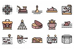 Fish farm icons set line color vector Product Image 1