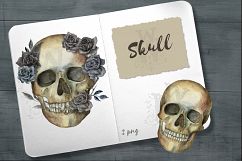 Watercolor skull, Halloween floral clipart Product Image 2