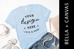 Light Blue Bella Canvas 3001 T-Shirt Mockup White Wood Floor Product Image 1